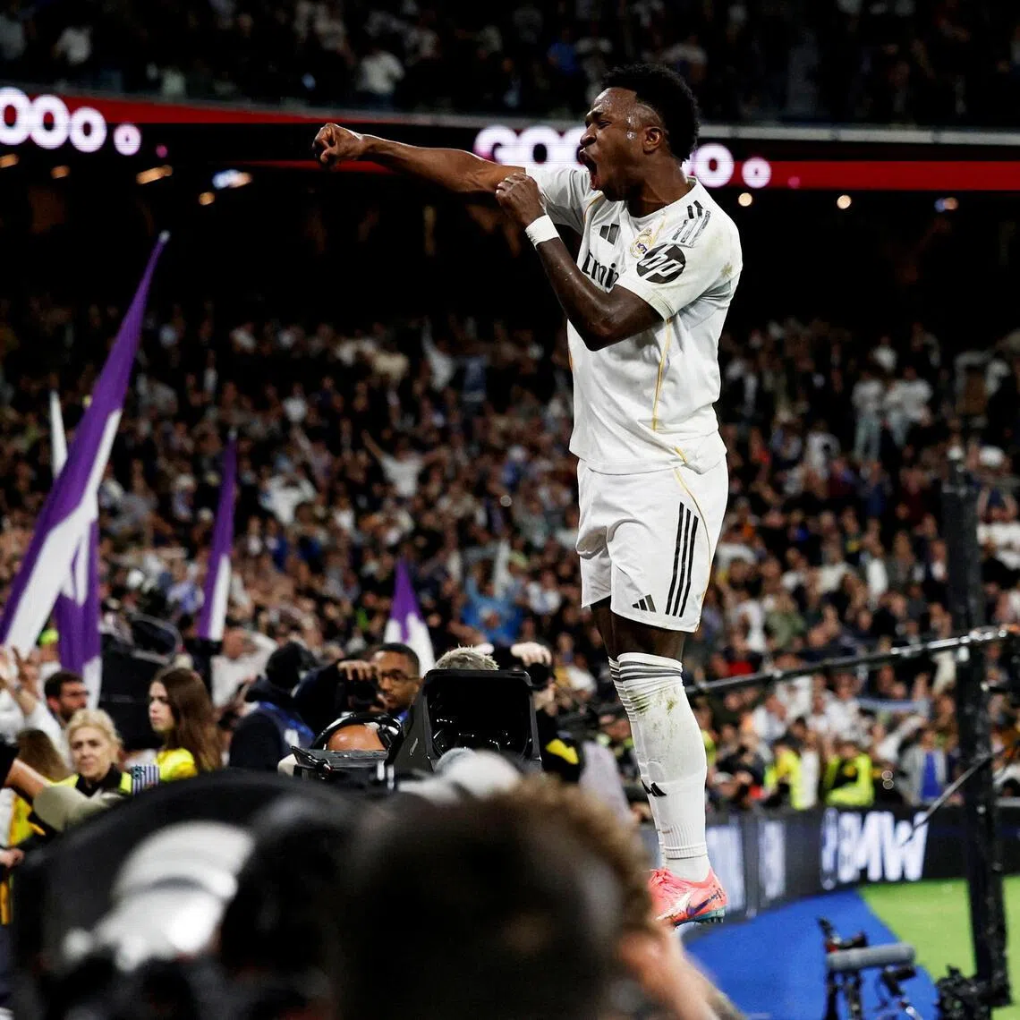 Vinicius Jr celebrates his winner in Real Madrid's 3-2 La Liga success over Atletico Madrid in the Madrid derby at the Santiago Bernabeu on March 22, 2026. 