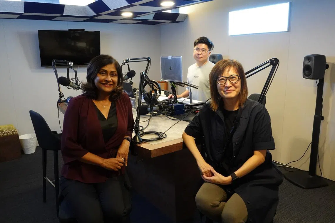 (From left) Associate Professor Rukshini Puvanendran, podcast producer Eden Soh and senior health correspondent Joyce Teo in the podcast studio.