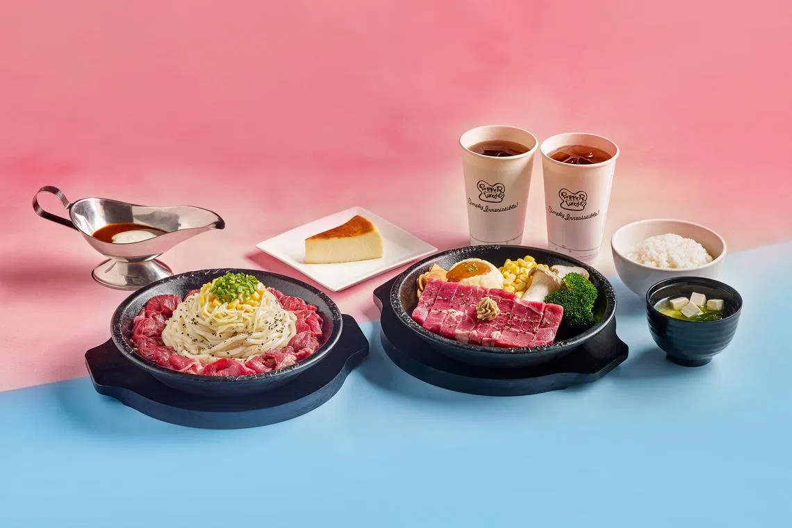 Cheesy Rose Yakiudon (left) and Champion Marbled Steak from Pepper Lunch.