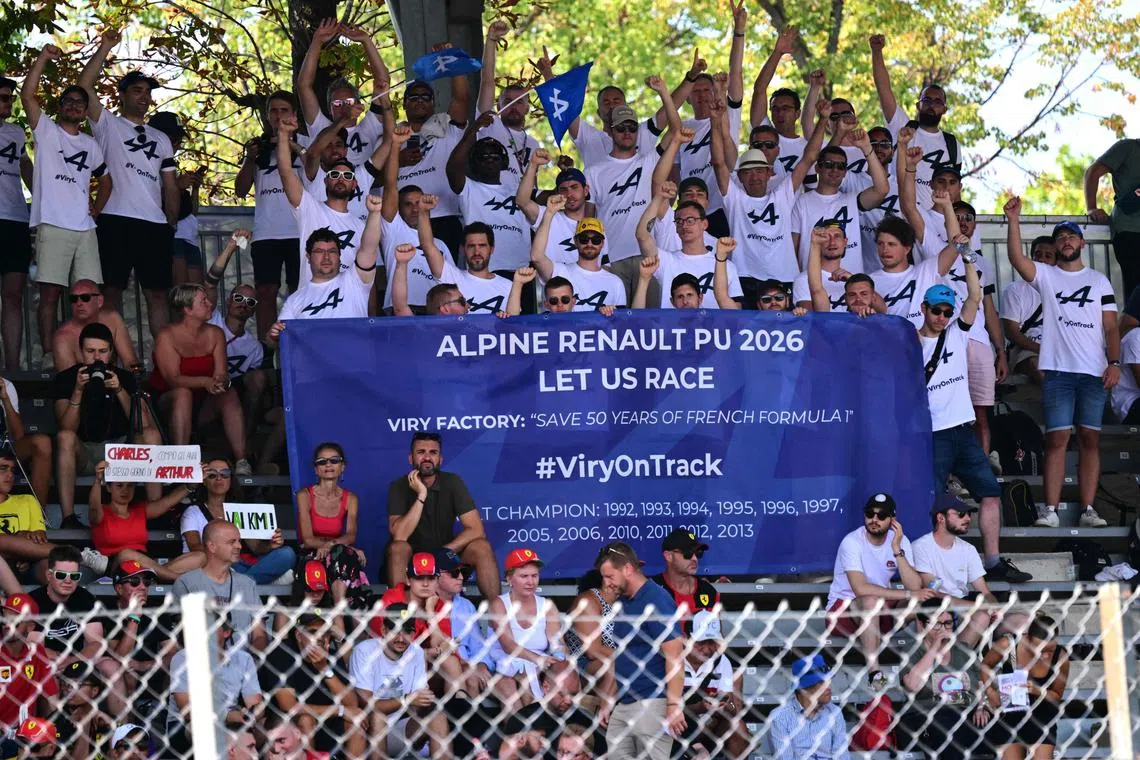 Alpine employees protesting to keep the production of Formula One power units in France during first practice for the  Italian Grand Prix in Monza on Aug 30, 2024.