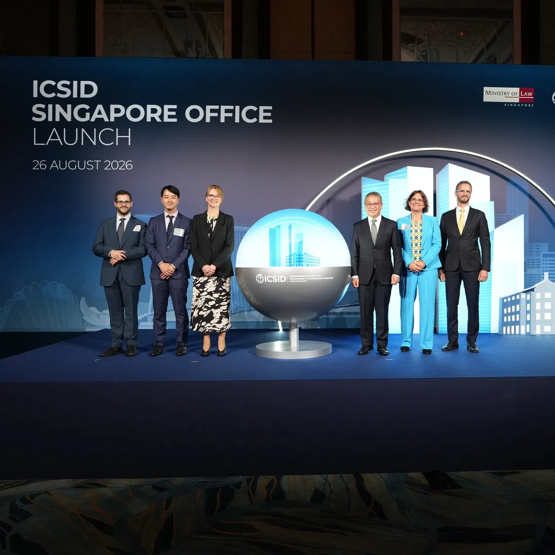 (From left) International Centre for Settlement of Investment Disputes’ legal counsel Carlos Molina Esteban, ICSID legal counsel Yuichiro Omori, ICSID secretary-general Martina Polasek, Minister for Law and Second Minister for Home Affairs Edwin Tong, ICSID chief counsel Frauke Nitschke and ICSID senior legal counsel Jonathan Chevry.