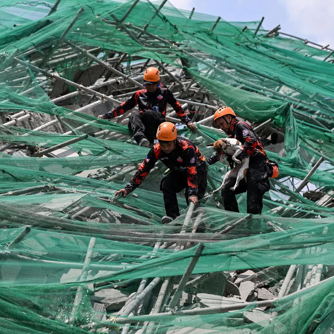 Rescue workers use a K-9 to search for trapped survivors among the debris in Angeles City, Philippines, on May 25.