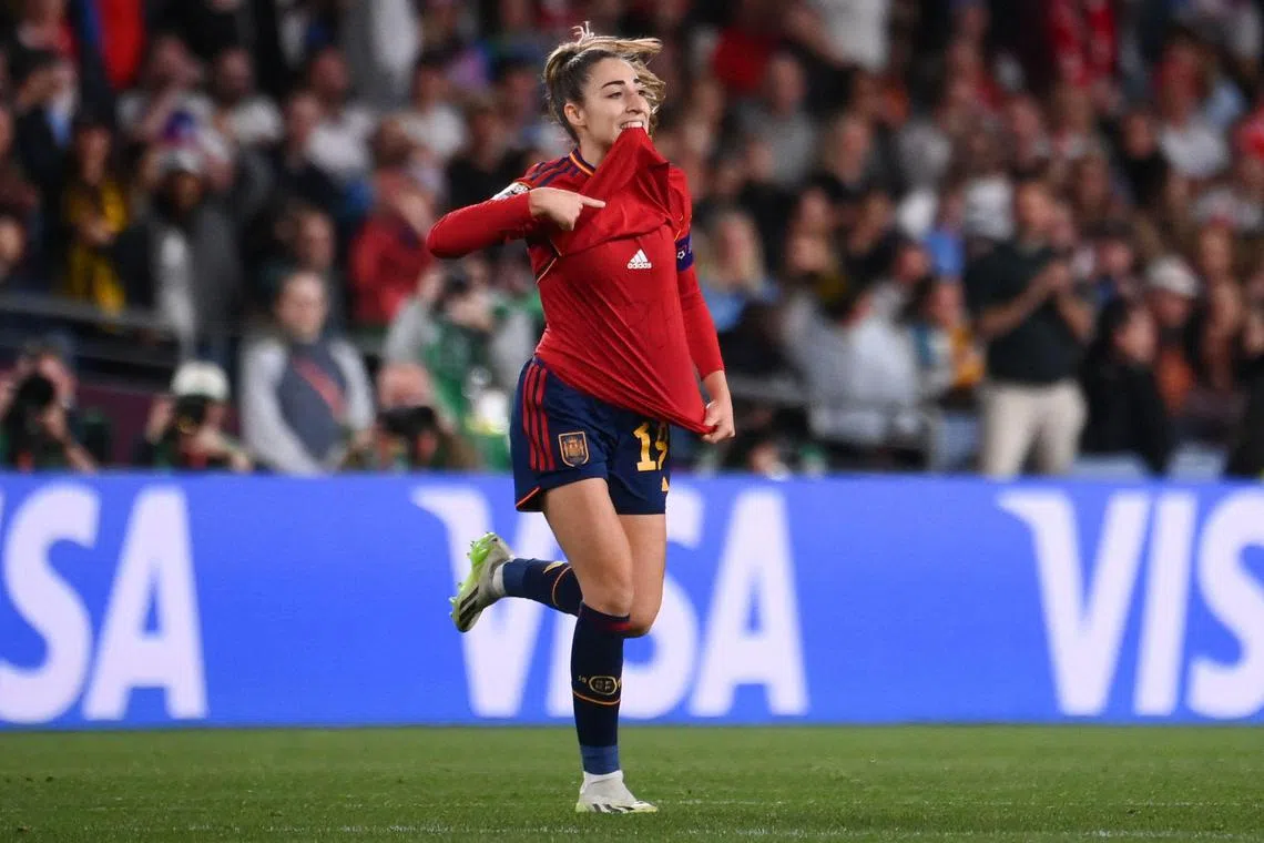 Spain defender Olga Carmona celebrating after scoring her team's first goal against England in the Women's World Cup final in Sydney on Sunday.