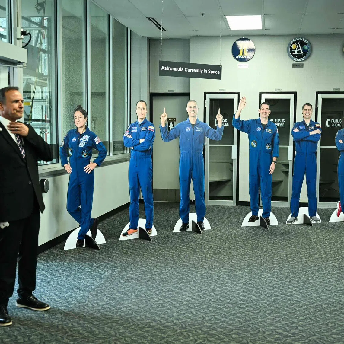 Cardboard cutouts of NASA astronauts are displayed as US President Donald Trump visits the NASA Lyndon B. Johnson Space Center in Houston, Texas, on Aug 28.