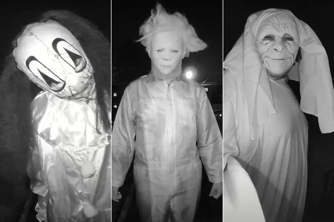 A surveillance camera caught the trio threatening the family at the home's porch and damaging their property.