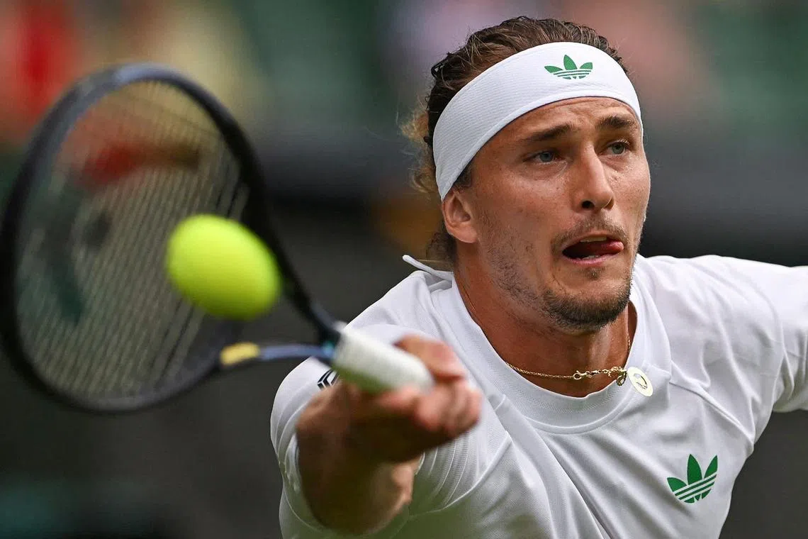 Germany's Alexander Zverev playing a forehand return to France's Arthur Rinderknech during the world No. 3's first-round exit at Wimbledon on July 1, 2025. 