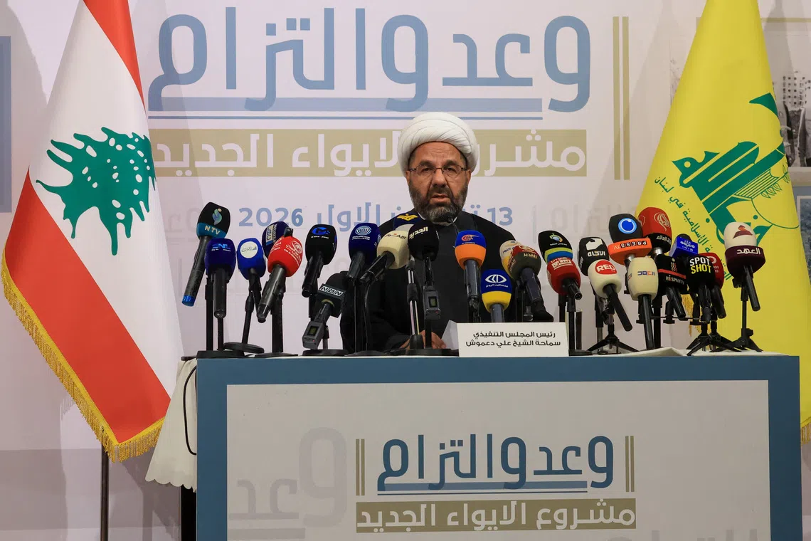 Ali Damoush, chairman of Hezbollah's Executive Council, speaks during a press conference in Beirut's southern suburbs, Lebanon October 13, 2026. REUTERS/Mohamed Azakir