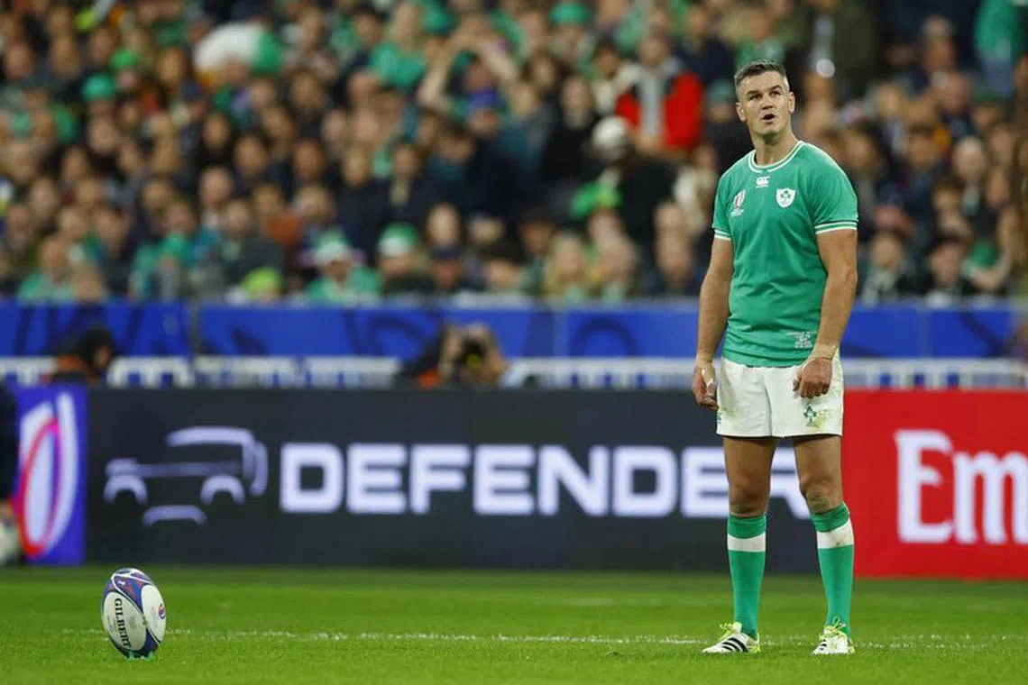 FILE PHOTO: Rugby Union - Rugby World Cup 2023 - Quarter Final - Ireland v New Zealand - Stade de France, Saint-Denis, France - October 14, 2023 Ireland's Johnny Sexton prepares to kick a penalty REUTERS/Sarah Meyssonnier/File Photo