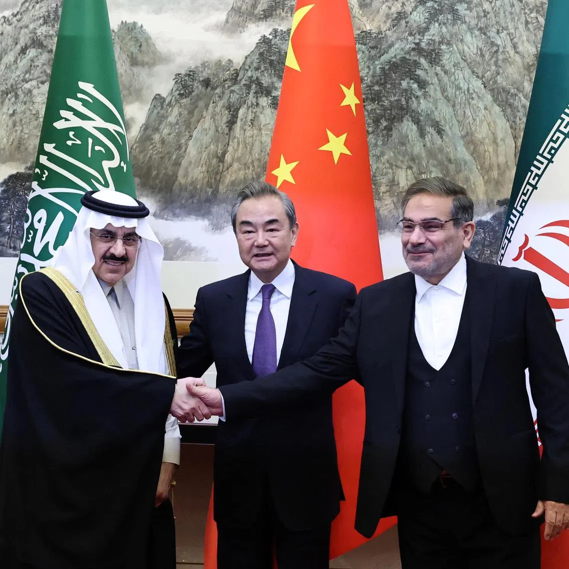 (From left) Saudi Minister of State and national security adviser Musaed bin Mohammed Al-Aiban, director of China's Foreign Affairs Commission Wang Yi and Iran’s Supreme National Security Council secretary Ali Shamkhani on March 10, 2023.