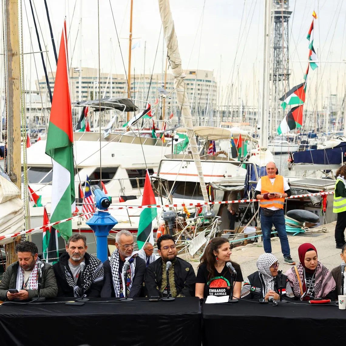 Global Sumud Flotilla Steering Committee members at a press conference in Barcelona on April 12.
