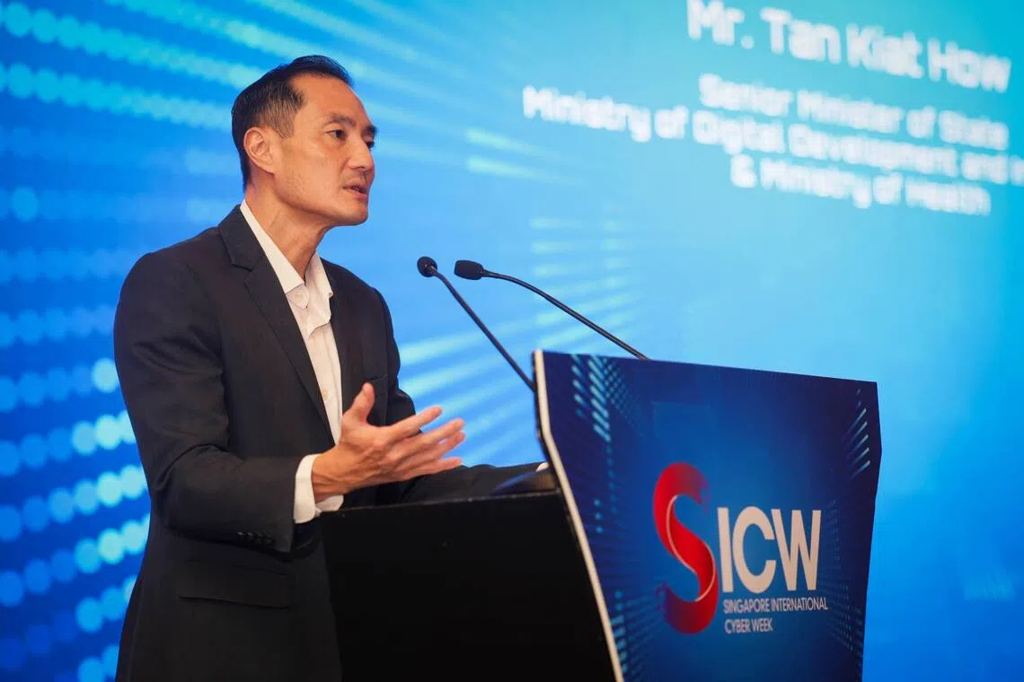 Senior Minister of State for Digital Development and Information Tan Kiat How speaking at the launch of the Cyber Incident Helpline at Singapore International Cyber Week on Oct 14.