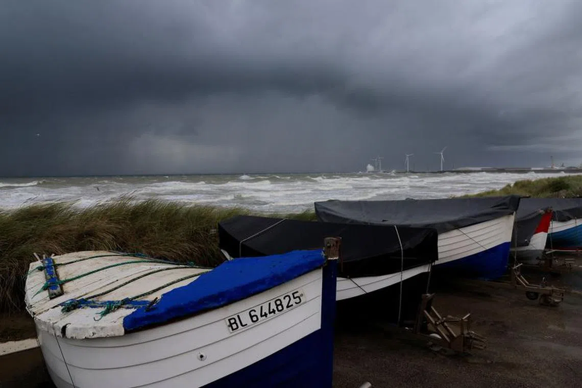 Small boats are seen at Le Portel near Boulogne sur Mer, during Storm Ciaran, France, November 1, 2023. REUTERS/Pascal Rossignol