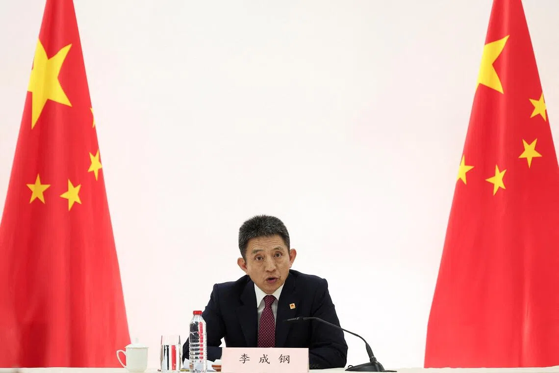 Chinese trade negotiator Li Chenggang attends a press conference on the day of US-China talks on trade, economic and national security issues, in Madrid, Spain, Sept 15, 2025. 