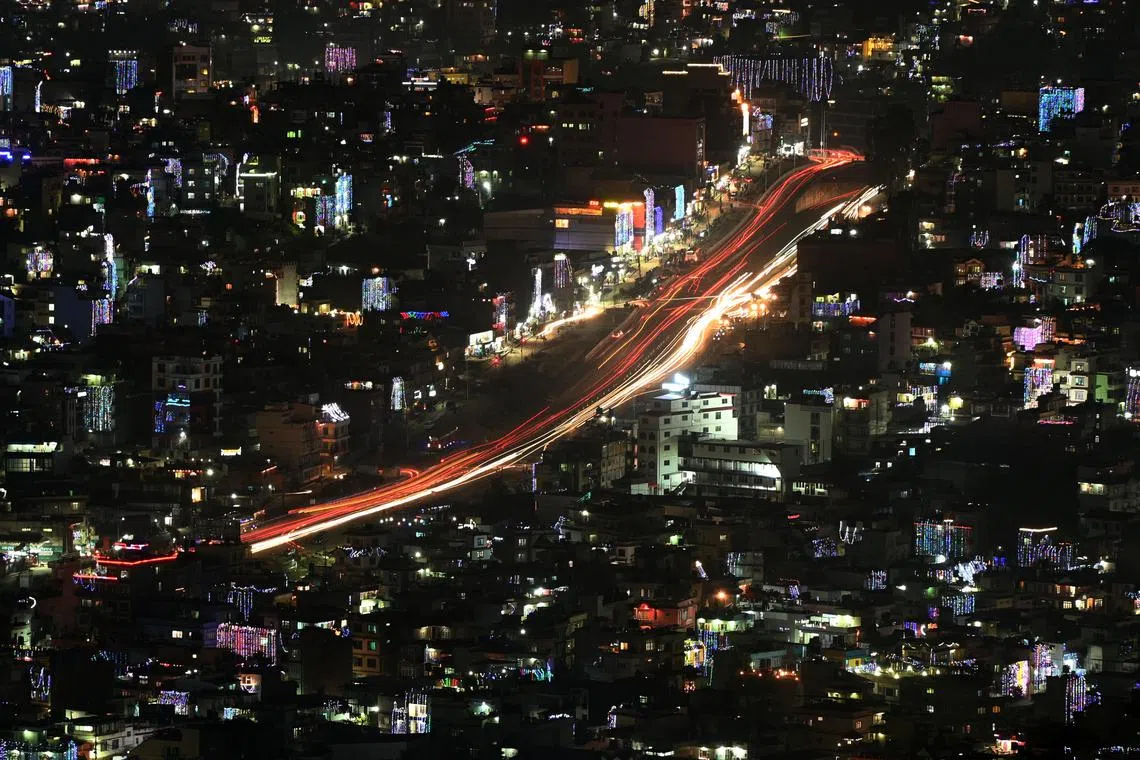 A general view of the Kathmandu valley on the eve of Laxmi Puja during Tihar festival, in Kathmandu on Nov 12, 2023. 
