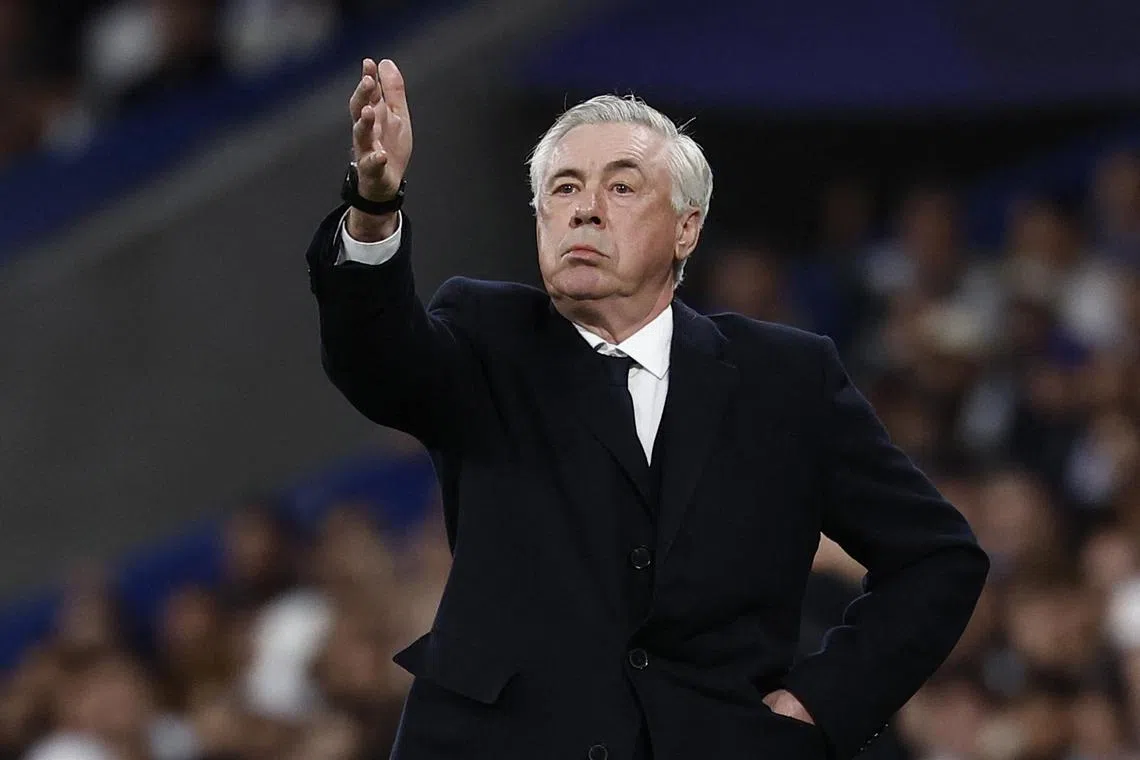 Soccer Football - Champions League - Quarter Final - Second Leg - Real Madrid v Arsenal - Santiago Bernabeu, Madrid, Spain - April 16, 2025
Real Madrid coach Carlo Ancelotti reacts REUTERS/Juan Medina