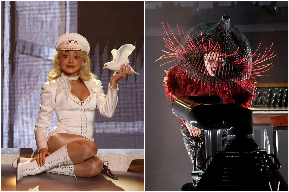 Sabrina Carpenter’s performance included her bringing out a white dove, while Lady Gaga wore a red and black Alexander McQueen Fall 2009 outfit that had feathers.