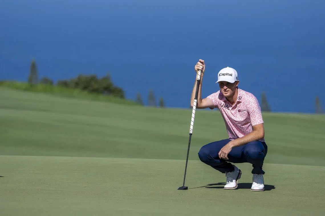 January 5, 2025; Maui, Hawaii, USA; Will Zalatoris lines up his putt on the fourth hole during the final round of The Sentry golf tournament at Plantation Course at Kapalua. Mandatory Credit: Kyle Terada-Imagn Images