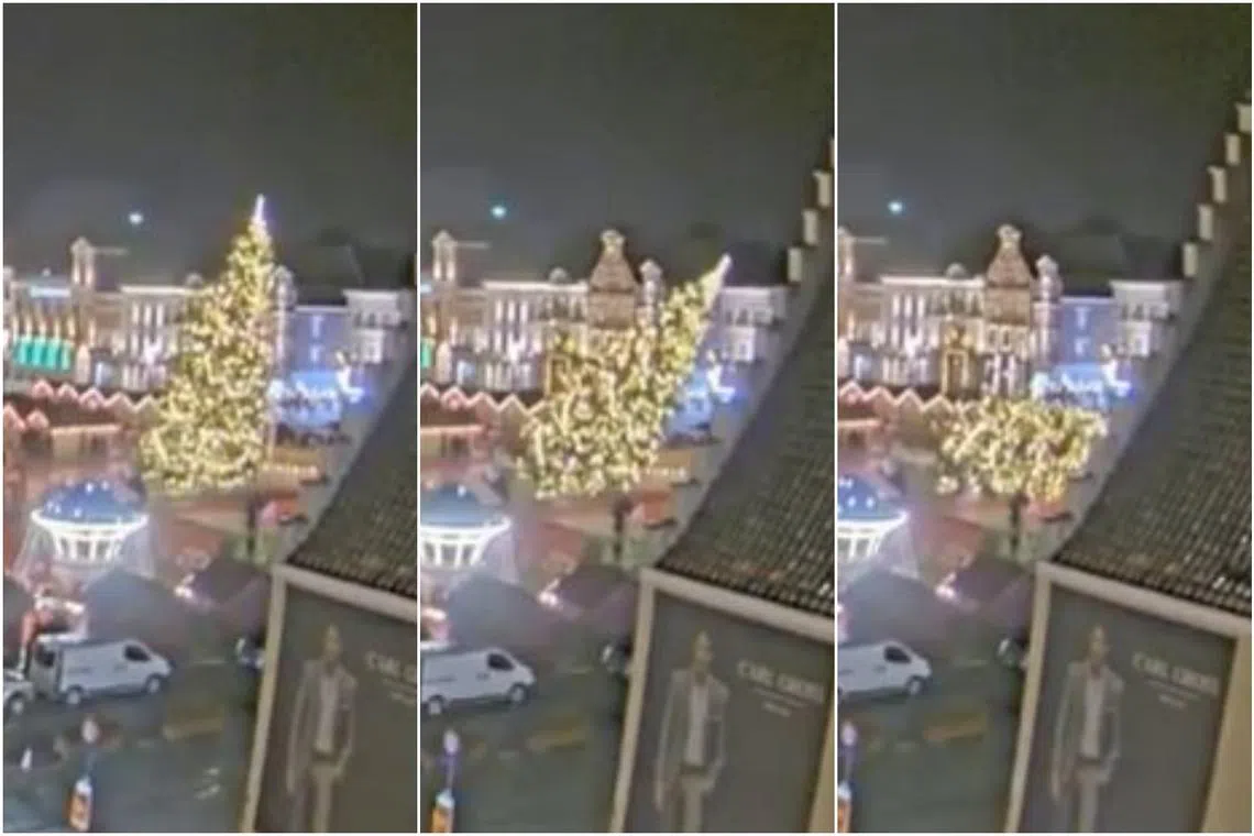 Security camera footage showed the Christmas tree slowly leaning over, then collapsing next to a Christmas market.