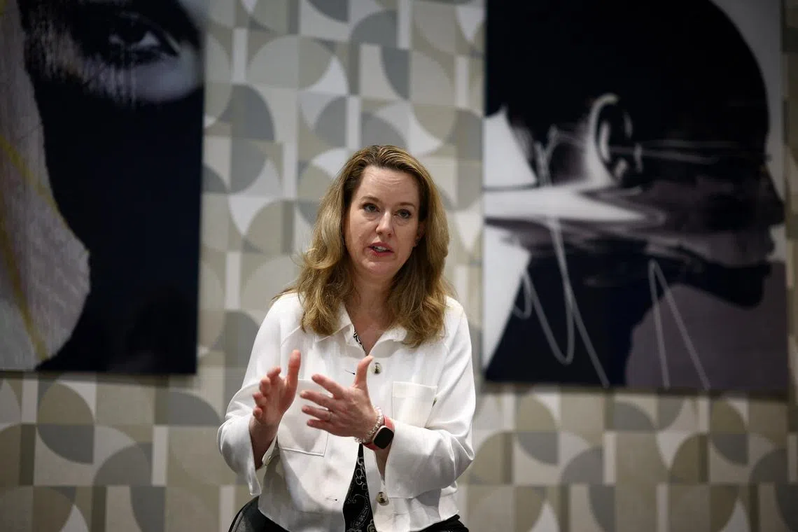 Director General of the International Organization for Migration (IOM) Amy Pope gestures as she speaks during an interview with Reuters in Rome, Italy, July 11, 2025. REUTERS/Guglielmo Mangiapane