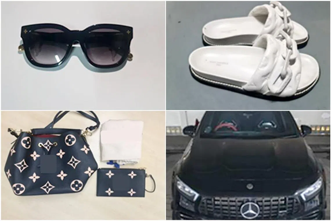 Photos of the seized proceeds of crime show a black Mercedes sedan, a black Louis Vuitton bag, and slippers and sunglasses from the luxury brand.