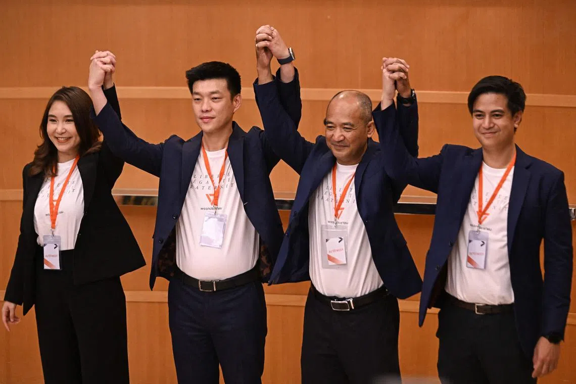 Opposition leader Natthaphong Ruengpanyawut (second from left) outpolls Prime Minister Paetongtarn Shinawatra 29.9 per cent to 28.8 per cent.
