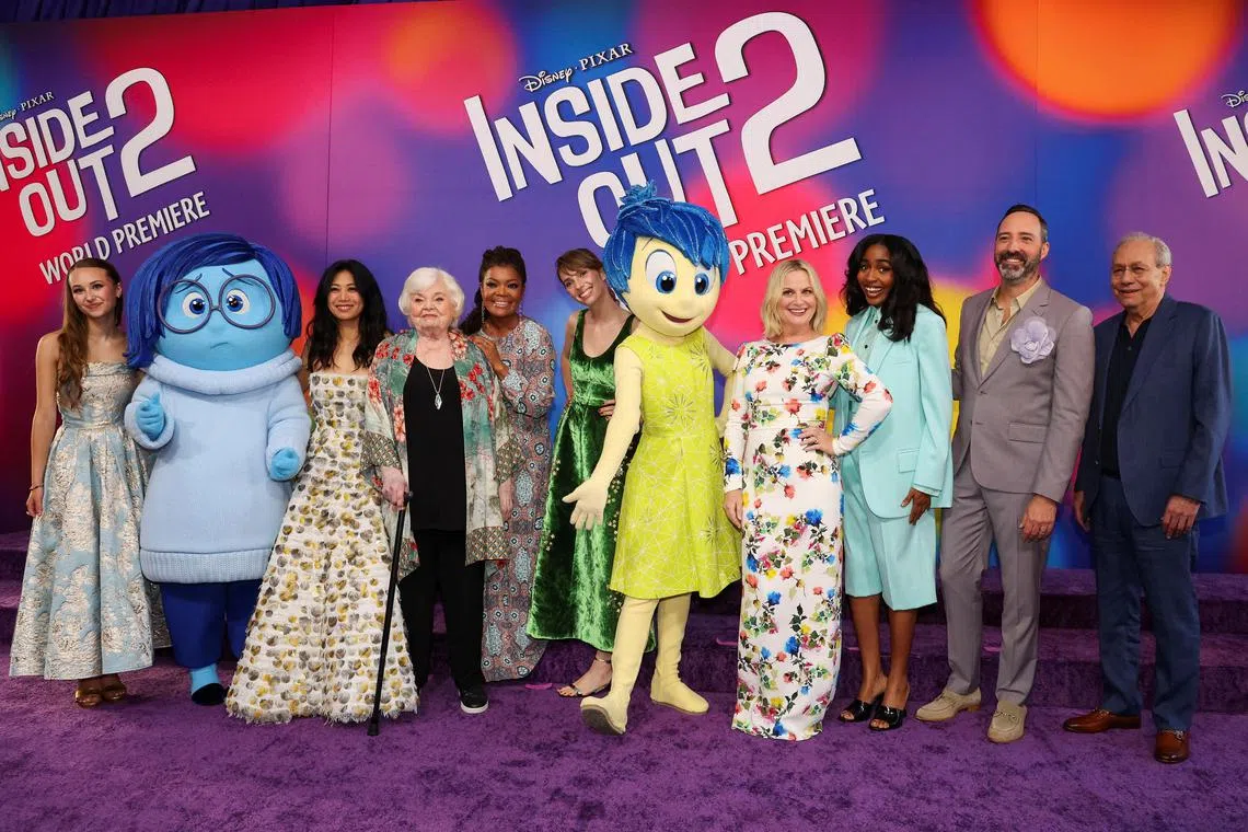 Liza Lapira, June Squibb, Yvette Nicole Brown, Maya Hawke ,Kensington Tallman, Amy Poehler, Ayo Edebiri, Tony Hale and Lewis Black attend the world premiere of the film Inside Out 2 in Los Angeles on June 10, 2024. 