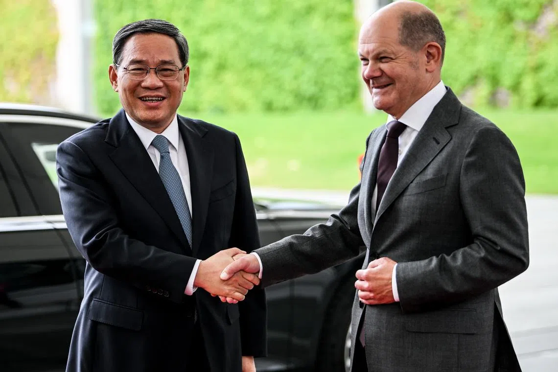 Chinese Premier Li Qiang (left) with German Chancellor Olaf Scholz at the Chancellery in Berlin, on June 19, 2023.