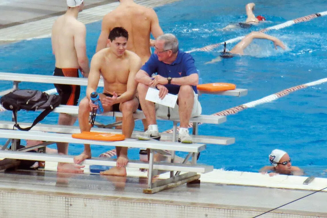 Singapore swimmer Joseph Schooling with coach Eddie Reese at the University of Texas in 2016.