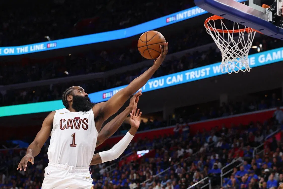 James Harden of the Cleveland Cavaliers shoots the ball against the Detroit Pistons during the fourth quarter in Game 5.