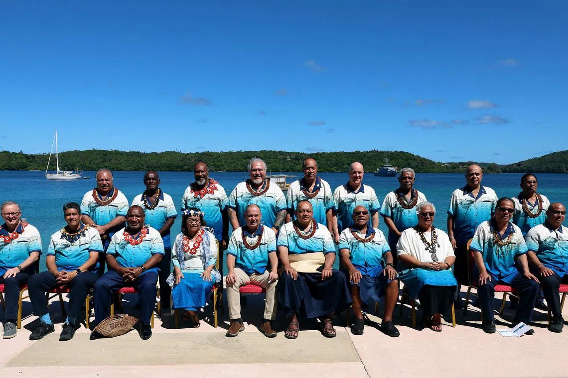 Tonga's Prime Minister Siaosi Sovaleni (front row, centre) poses for a group picture with Pacific Island Forum Leaders in Neiafu, Vava’u, Tonga.