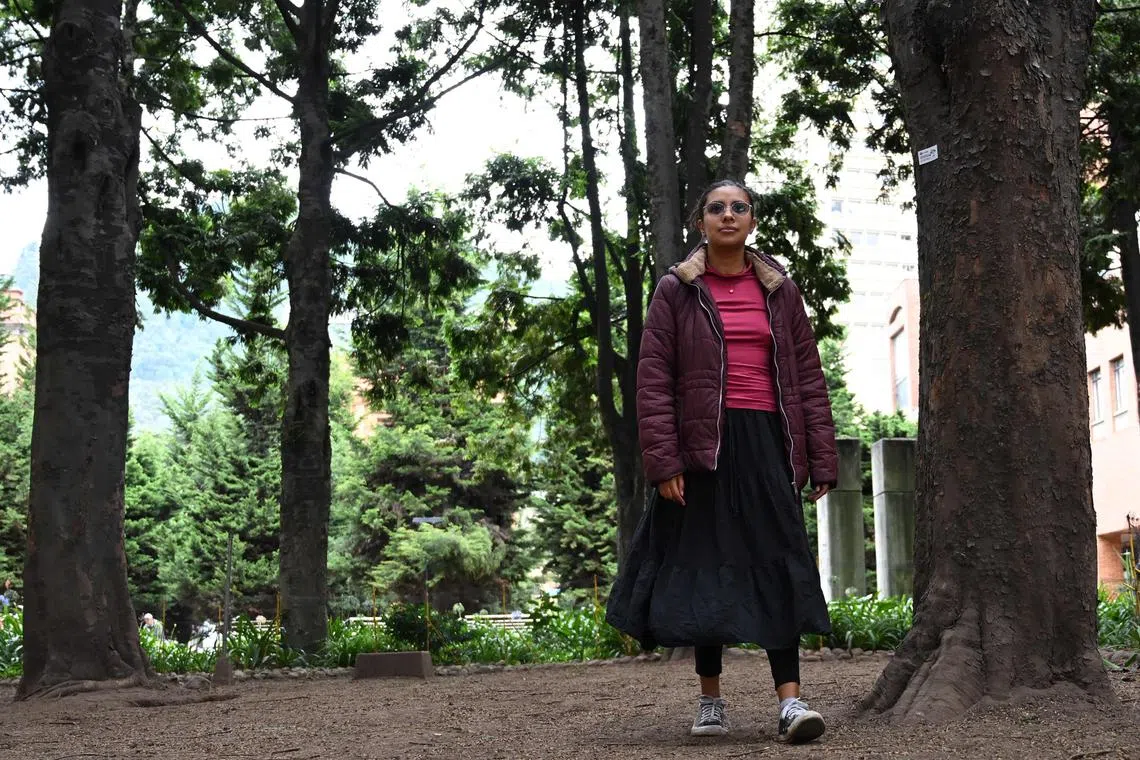 Nadia Umana, a Colombian environmental leader threatened by criminal gangs, poses for a picture during an interview with AFP in Bogota on August 30, 2023. Environmental activist murders doubled in Colombia in 2022, making it the most dangerous country in the world for those trying to protect the planet, an NGO report said on September 12, 2023. In its annual review, Global Witness named 177 land and environmental defenders who had been killed in 2022 -- from the Amazon to the Philippines and Democratic Republic of Congo. (Photo by Raul ARBOLEDA / AFP)