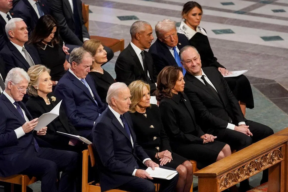 (From back left) Mr and Mrs Bill and Hillary Clinton, Mr George W. Bush and wife Laura Bush, Mr Barack Obama, US President-elect Donald Trump and wife Melania Trump, and (from front left) US President Joe Biden and First Lady Jill Biden, and Vice-President Kamala Harris and Second Gentleman Doug Emhoff.