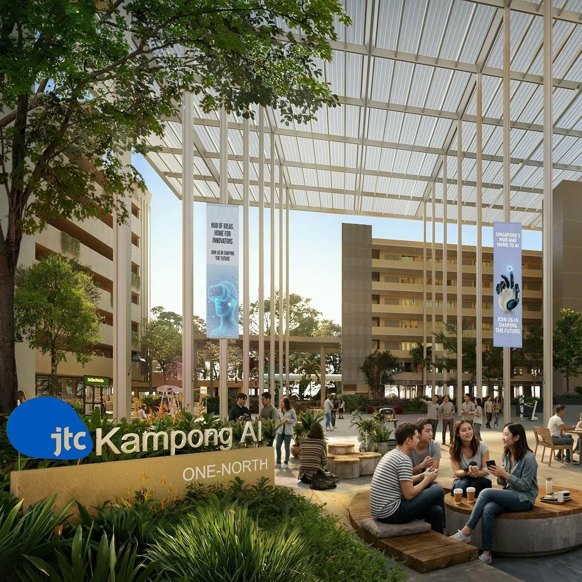 An artist impression of Kampong AI, a space for AI startups to live and work within LaunchPad @ One-North.
