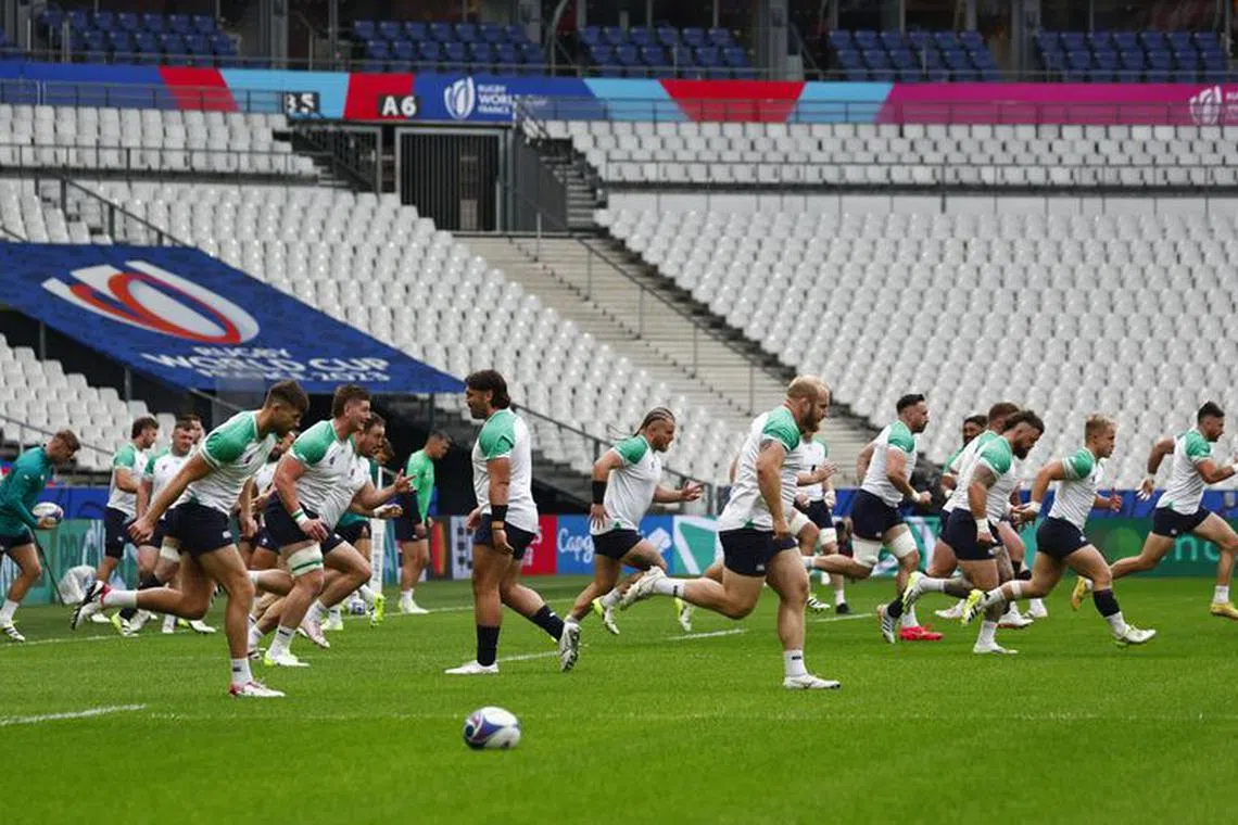 Rugby Union - Rugby World Cup 2023 - Ireland Training - Stade de France, Saint-Denis, France - October 13, 2023 Ireland players during training REUTERS/Gonzalo Fuentes
