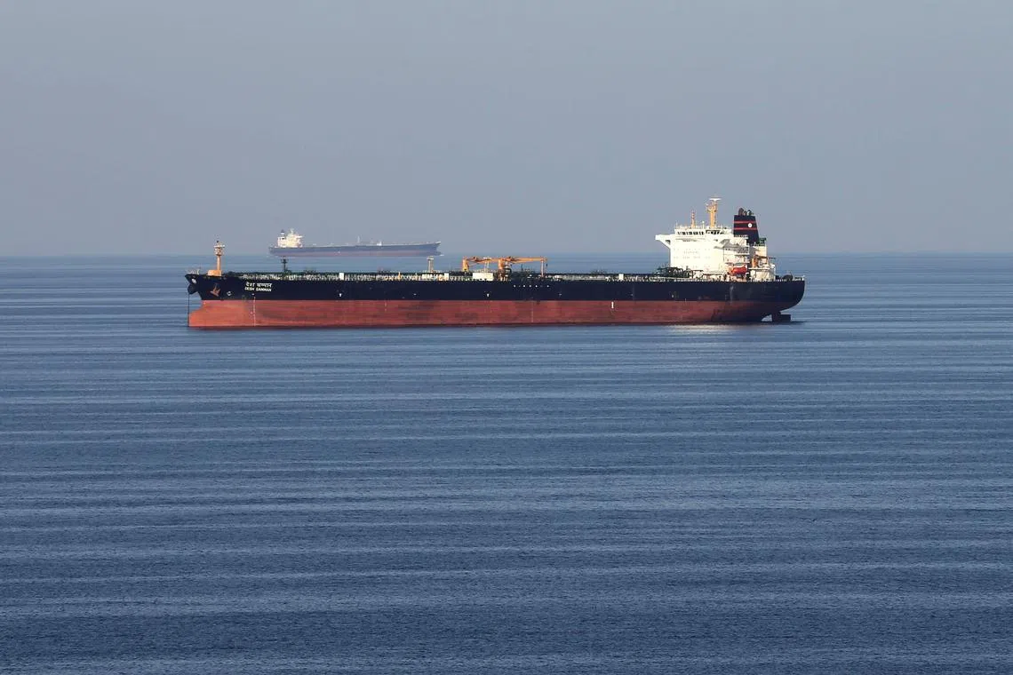 An oil tanker passing through the Strait of Hormuz. Such ships make up the bulk of traffic through the Strait.