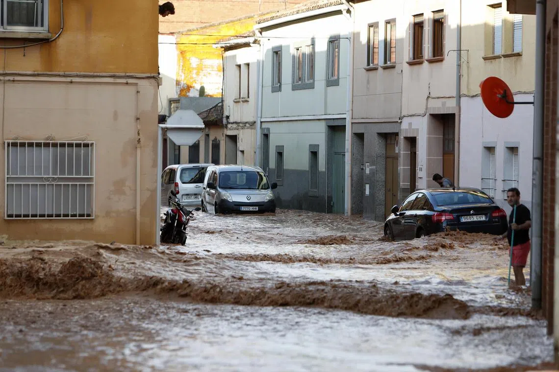 A flooded street after heavy rainfalls hitting the town of Rincon del Soto, in La Rioja, northern Spain on 07 July 2023.