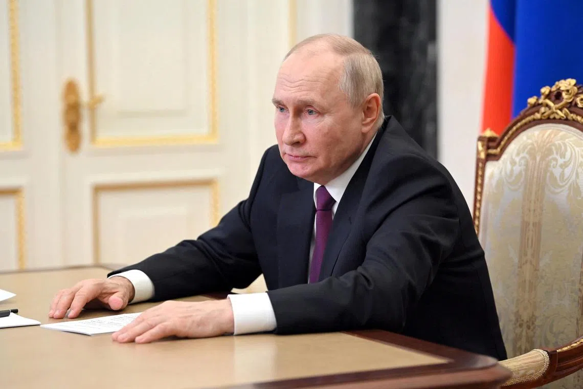 Russian President Vladimir Putin chairs a meeting on economic issues via a video link in Moscow, Russia, July 25, 2023. Sputnik/Alexander Kazakov/Kremlin via REUTERS ATTENTION EDITORS - THIS IMAGE WAS PROVIDED BY A THIRD PARTY.