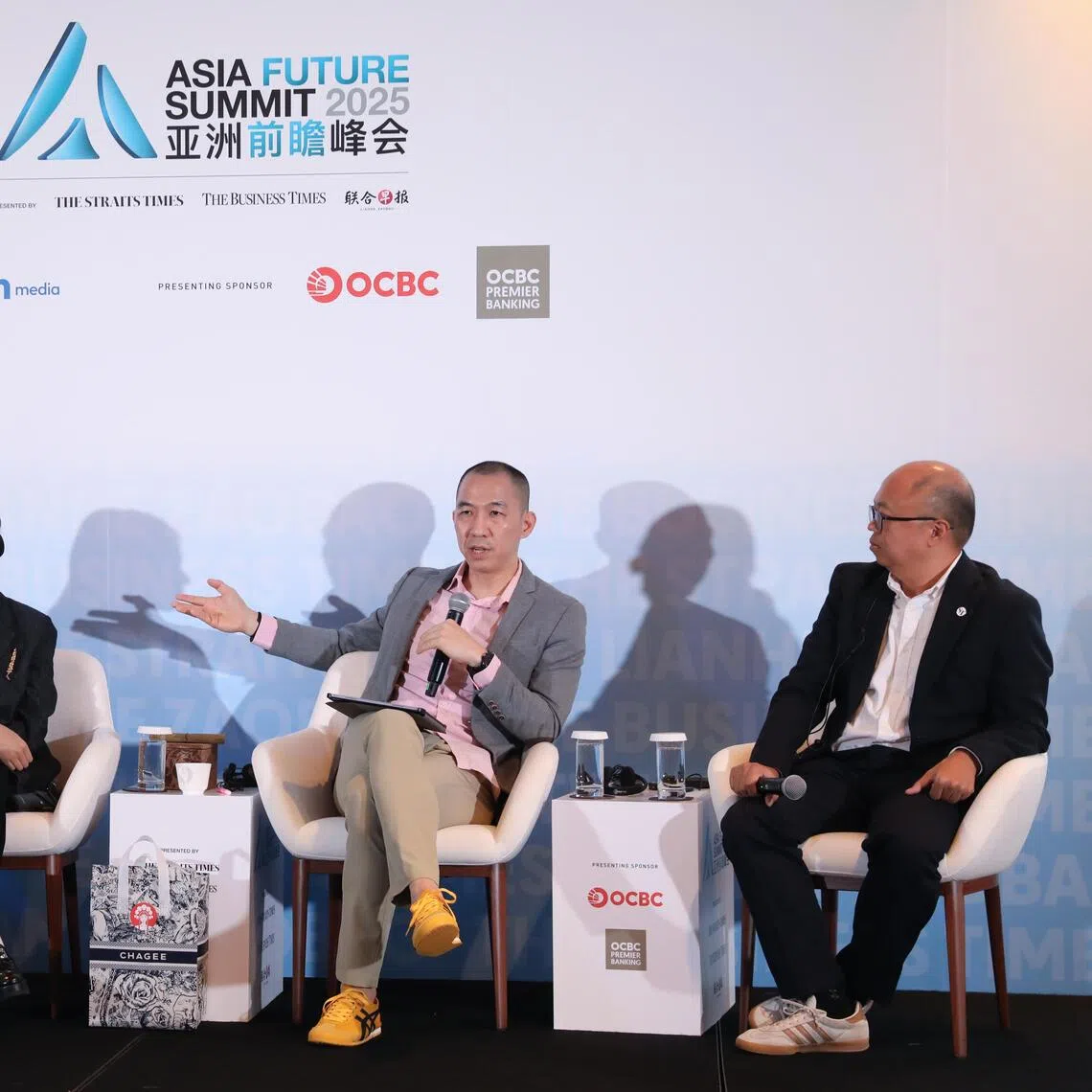 (From left) Ms Cheryl Cheong of Samsung Electronics Singapore, Ms Li Simeng of Chagee and Mr Lien Choong Luen of Gojek in a panel discussion moderated by ST associate editor Jeremy Au Yong.