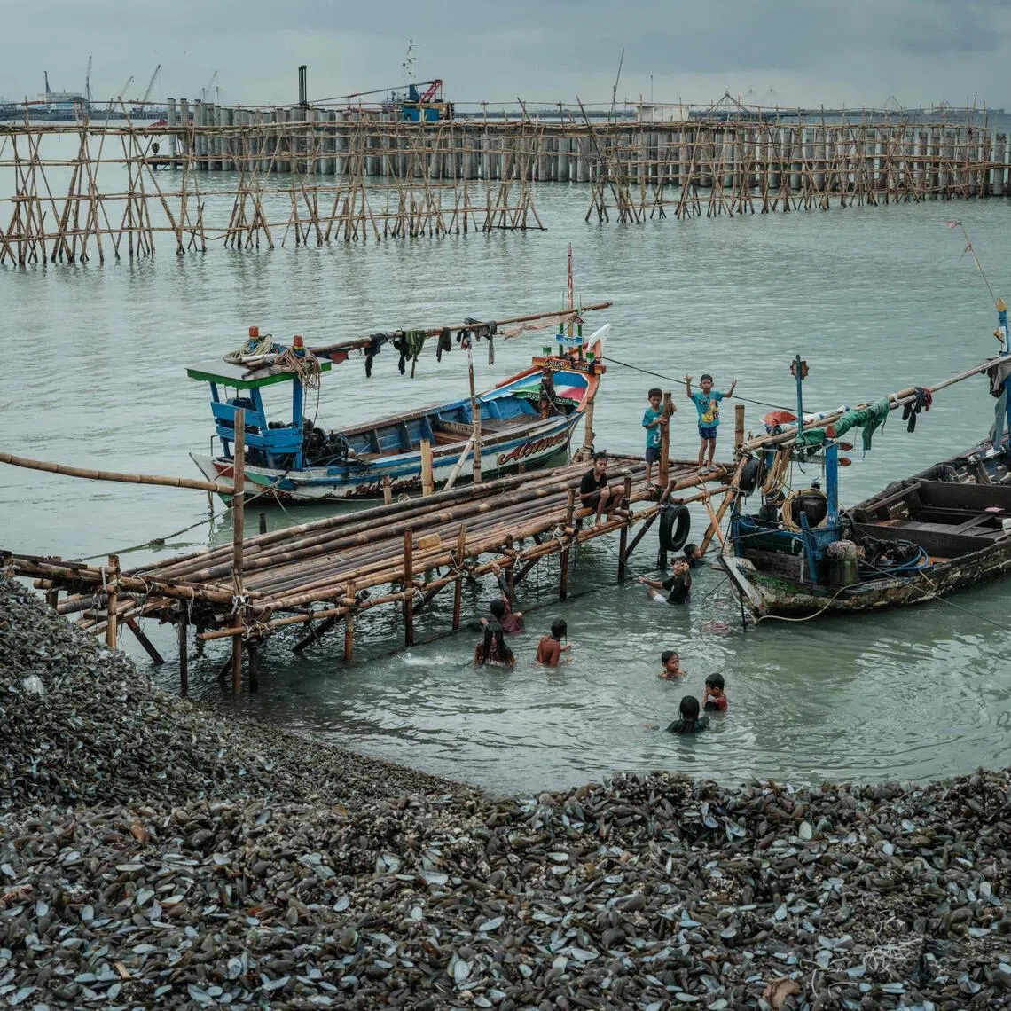 Children swim at a bamboo footbridge, with piles of discarded green mussel shells nearby, in Cilincing, North Jakarta, on Sept 20. 