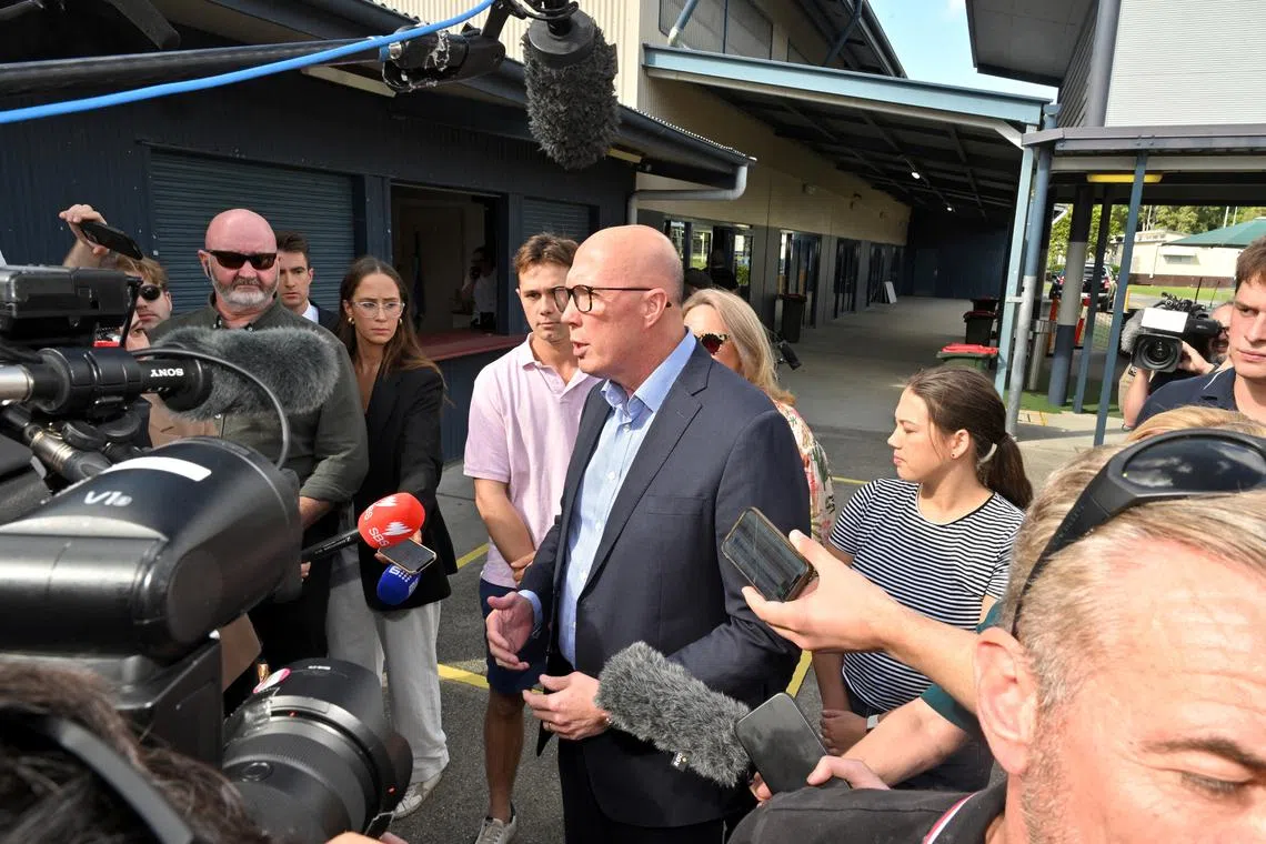 Leader of the Opposition Peter Dutton speaks with the media after casting his ballot at the Albany Creek State School in Albany Creek, Brisbane, Australia, May 3, 2025. AAP Image/Mick Tsikas/via REUTERS