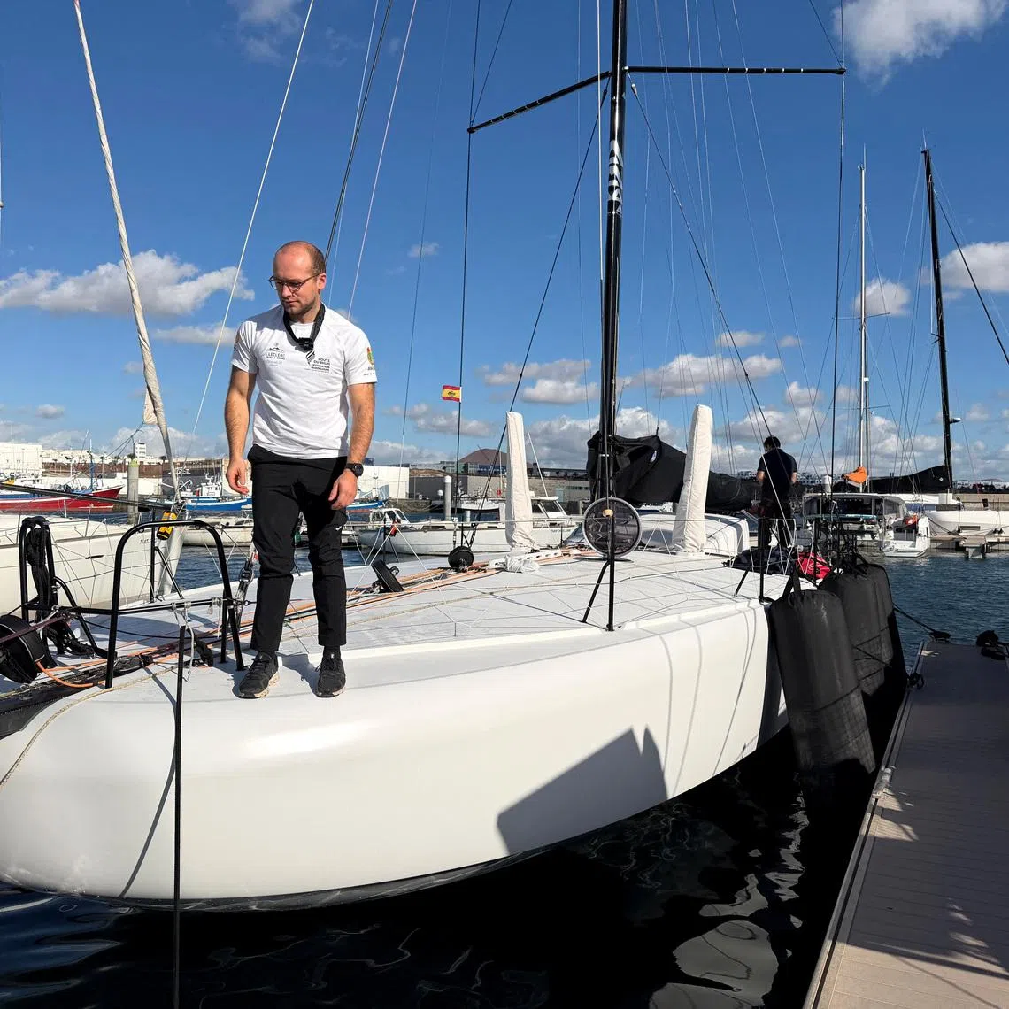 Sailing - 2026 RORC Transatlantic Race - Arrecife, Lanzarote, Spain - January 9, 2026 Skipper Antoine Magre and crew aboard scow-bowed Palanad 4 ahead of the Lanzarote to Antigua 2026 RORC Transatlantic Race. Palanad 4 went on to win the overall race.  REUTERS/Ossian Shine