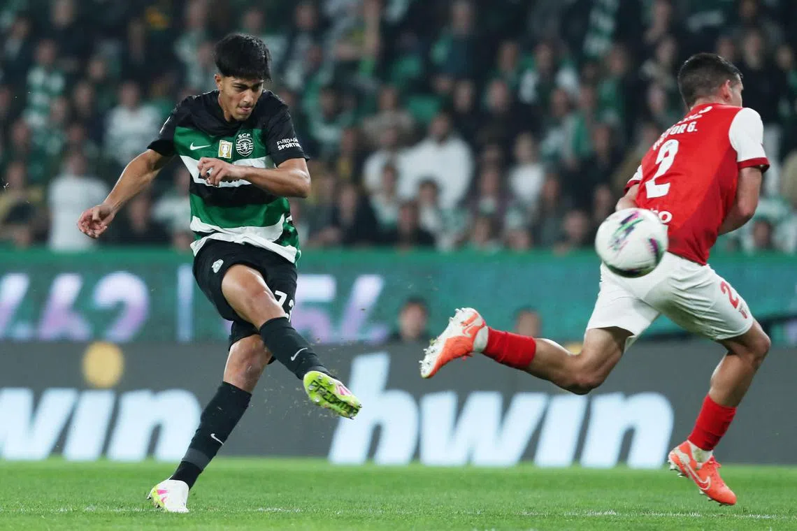 Sporting's Eduardo Felicissimo taking a shot in their Primeira Liga match against Braga at Estadio Jose Alvalade in Lisbon, Portugal on April 7, 2025.
