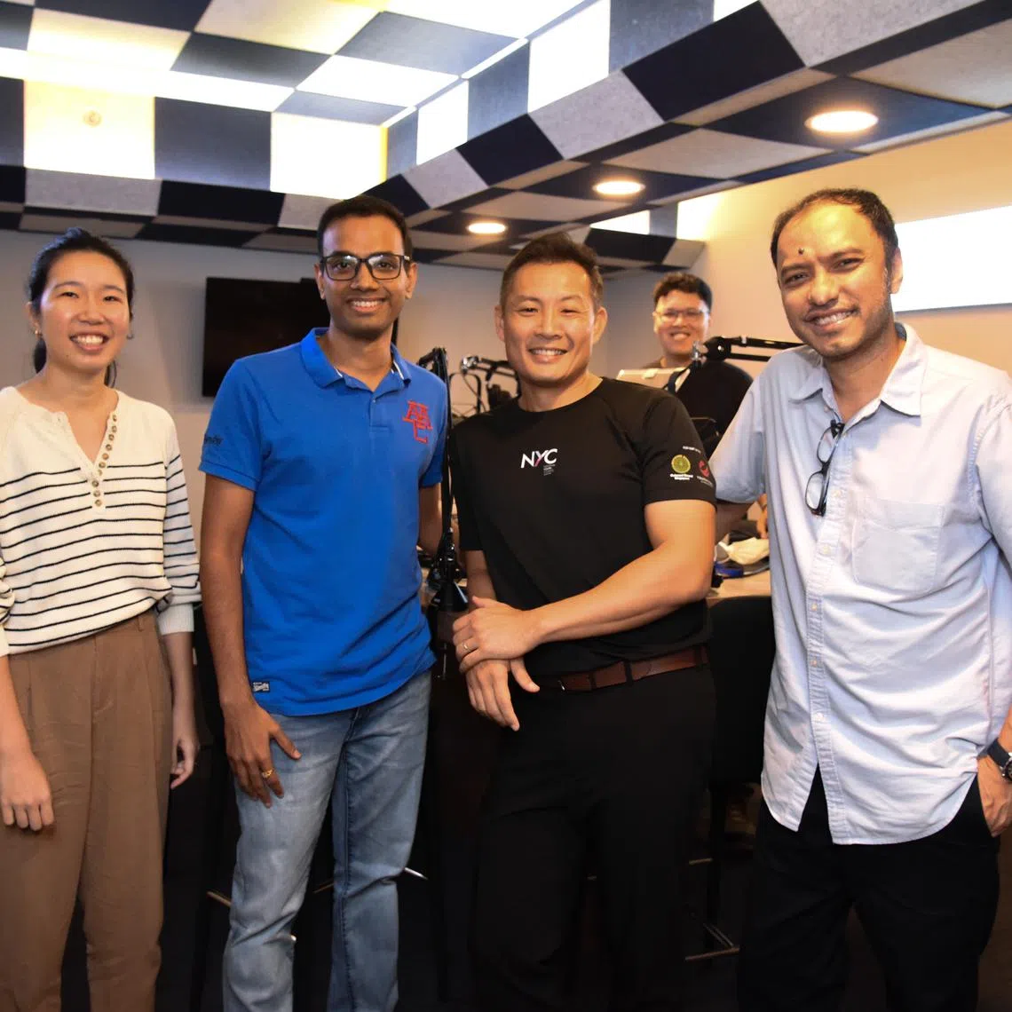 (From left) Ms Pek Hailin, senior manager, Sustainability (Estates), at SIT, Mr Chirag Agarwal, co-founder of Talk Your Heart Out, Mr David Chua, CEO of National Youth Council, Hadyu Rahim (back), ST's podcast producer and Ernest Luis, podcast editor. 
