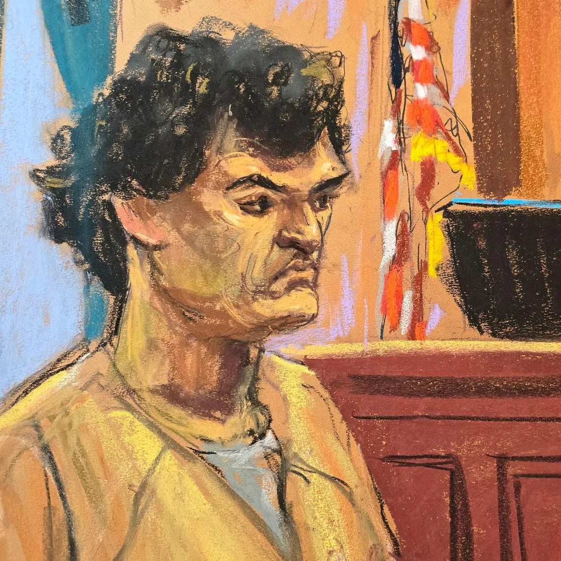 FTX cryptocurrency exchange founder Sam Bankman-Fried stands before U.S. District Judge Lewis Kaplan as he is sentenced to 25 years in prison, at Federal Court in New York City, U.S., March 28, 2024 in this courtroom sketch. REUTERS/Jane Rosenberg