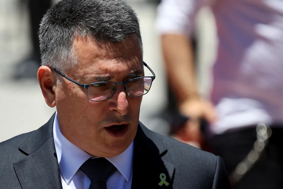 Israeli Minister of Foreign Affairs Gideon Sa'ar takes part in a wreath-laying ceremony at Plaza San Martin, in Buenos Aires, Argentina November 25, 2025. REUTERS/Agustin Marcarian