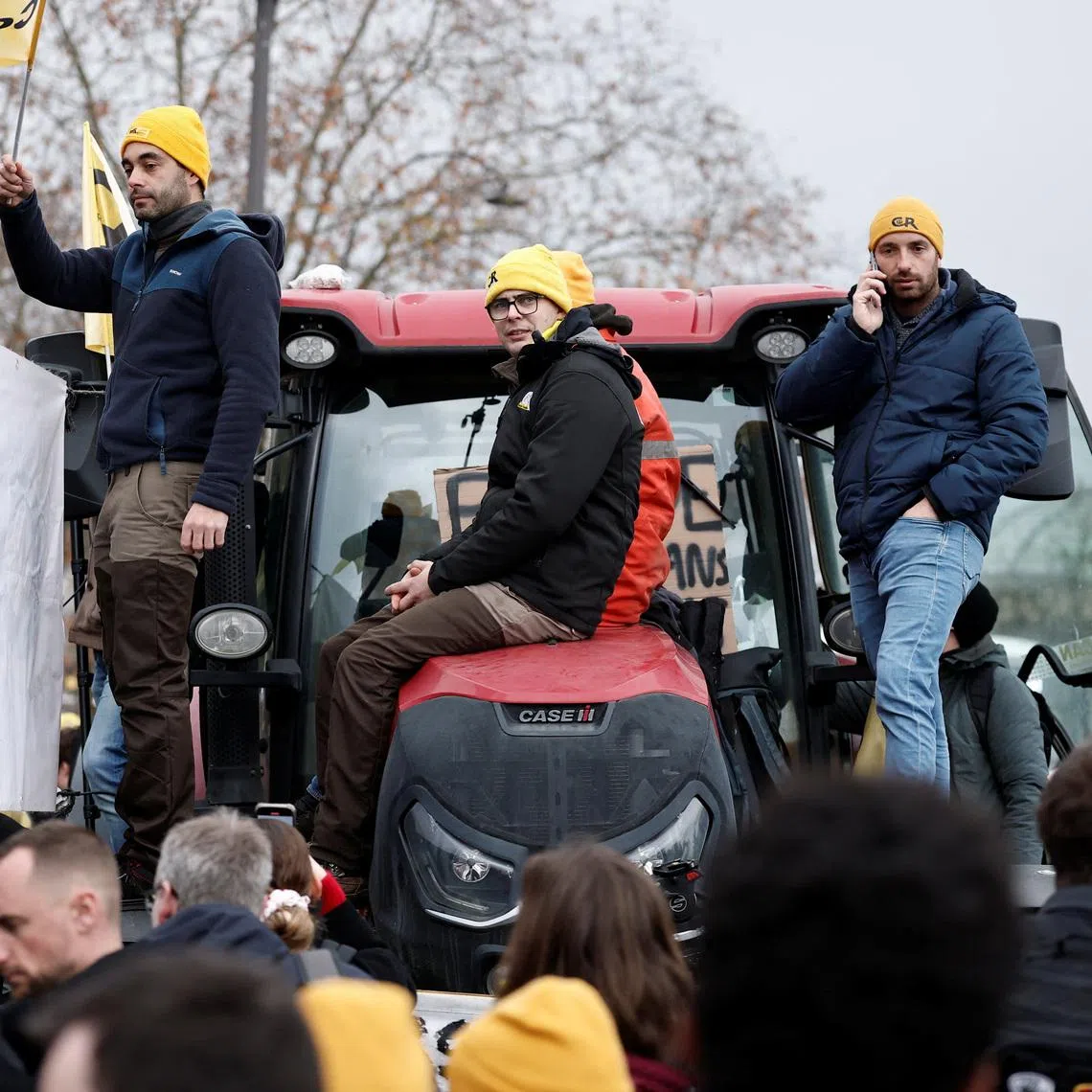 French farmers, members of the Coordination Rurale (CR), stand in front of the National Assembly during a protest against the government's handling of the EU-Mercosur free trade agreement and the handling of the lumpy skin disease outbreak, in Paris, France, January 8, 2026. REUTERS/Benoit Tessier
