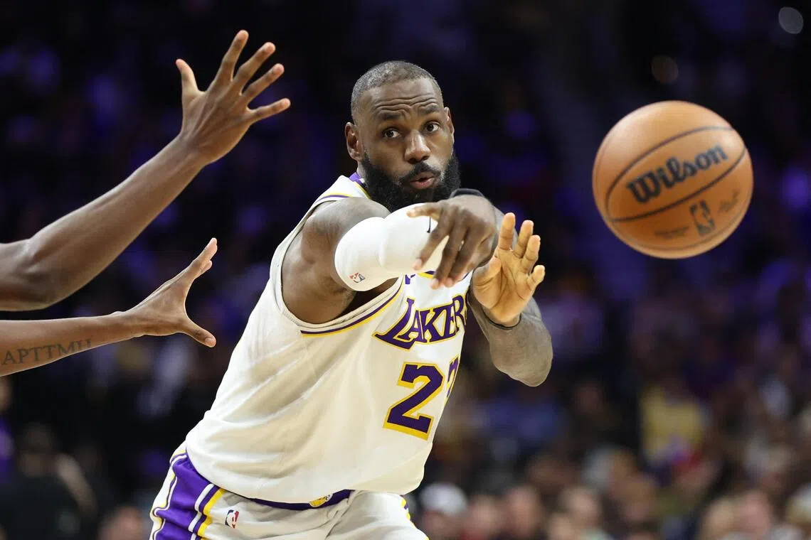 Los Angeles Lakers forward Lebron James passing the ball during the 112-108 NBA win over the Philadelphia 76ers at Xfinity Mobile Arena on Dec 7, 2025.