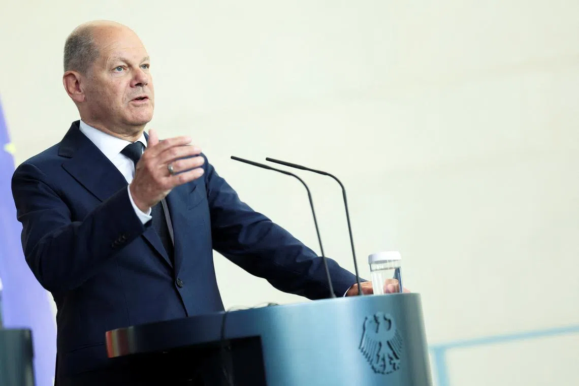 FILE PHOTO: German Chancellor Olaf Scholz speaks during a press conference with Portuguese Prime Minister Luis Montenegro, in Berlin, Germany May 24, 2024. REUTERS/Lisi Niesner/File Photo
