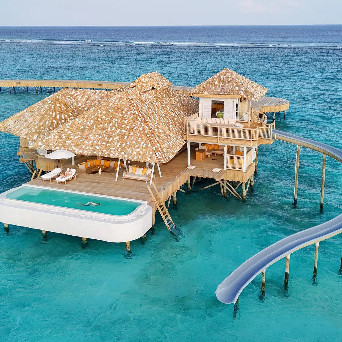 The villas in Soneva Secret are spaced far apart to give a sense of privacy and exclusivity. Every villa comes with its own private pool, and for the overwater ones, a slide.