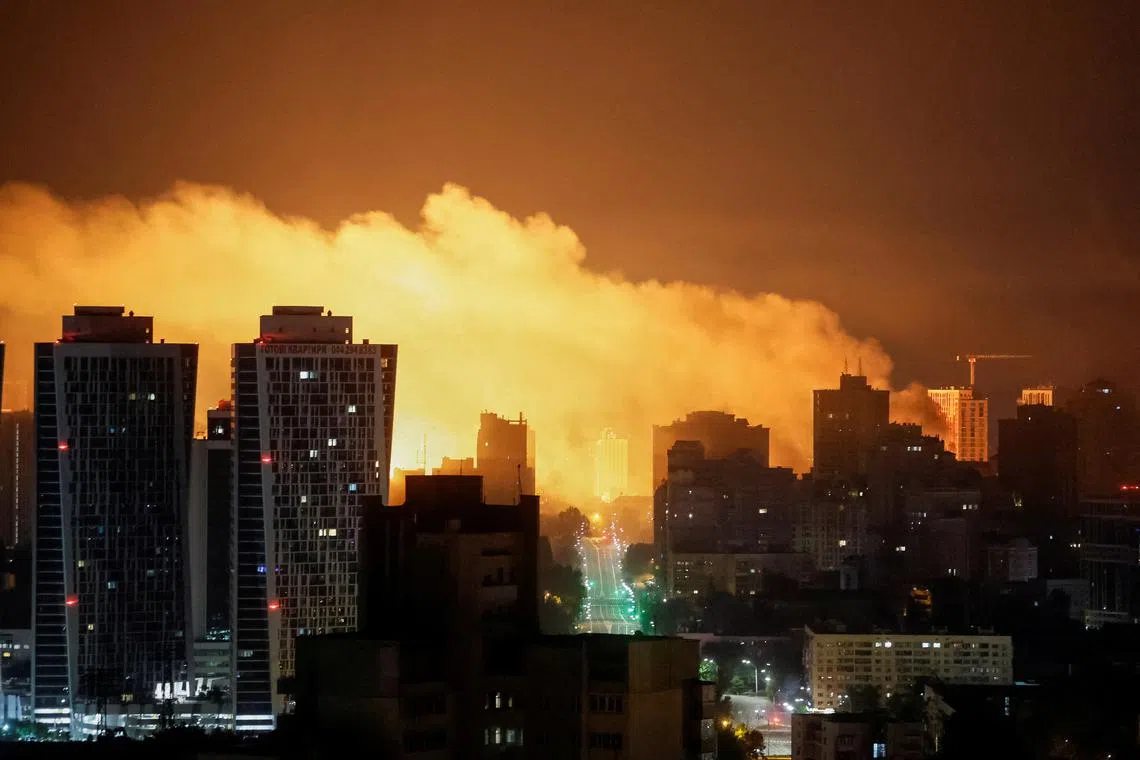 FILE PHOTO: An explosion of a drone lights up the sky over the city during a Russian drone and missile strike, amid Russia's attack on Ukraine, in Kyiv, Ukraine July 10, 2025. REUTERS/Gleb Garanich/File Photo